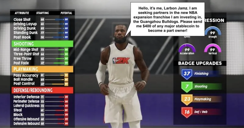 Issue cover: a basketball video game player card with a speech bubble from Larbon Jamz asking for $400 in stablecoin.